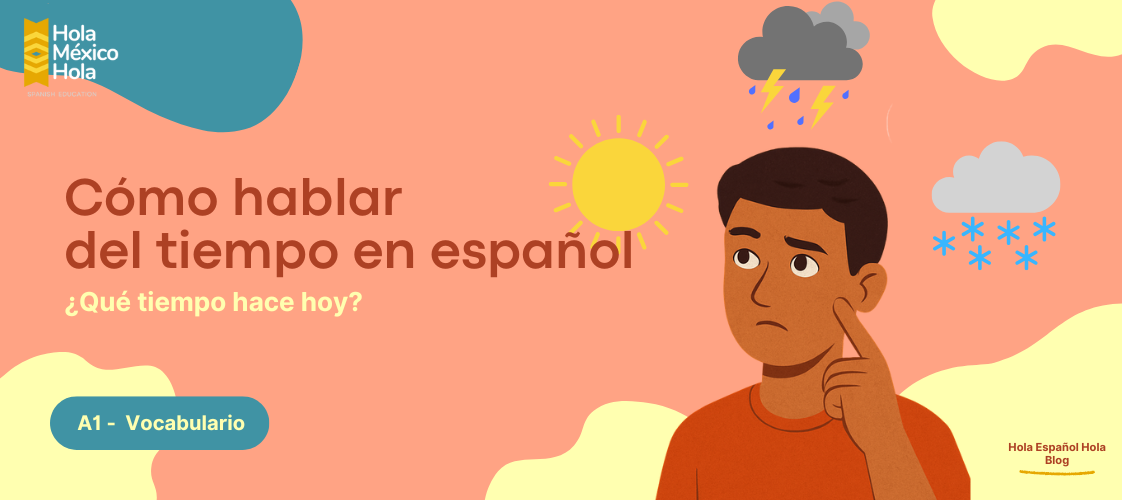 Ilustración de un joven pensando con símbolos del clima como sol, nube y relámpago al fondo.