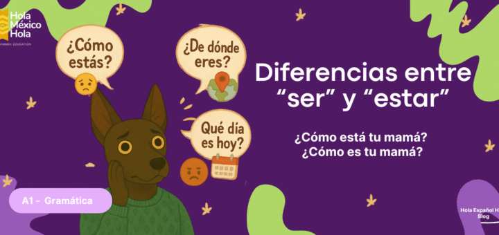 Ilustración educativa de un perro xoloitzcuintle con burbujas de preguntas sobre el uso de “ser” y “estar” en español. Ideal para nivel A1.