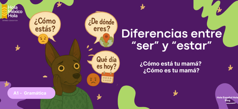 Ilustración educativa de un perro xoloitzcuintle con burbujas de preguntas sobre el uso de “ser” y “estar” en español. Ideal para nivel A1.