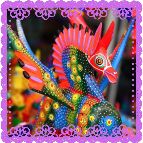 close up photo of a colorful Mexican handcrafted alebrije